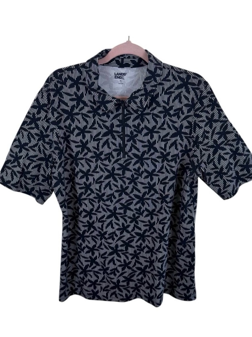 Lands' End Black White Floral Cotton Modal Short Sleeve‎ 1/4 Zip Polo Women's XL